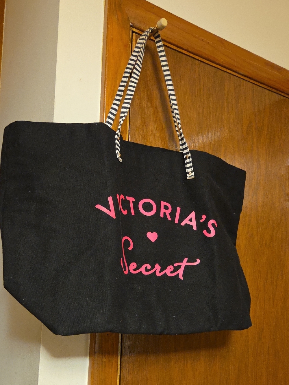 BRAND NEW Victoria's Secret Black Tote with Pink Logo and Striped Rope Handles